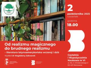 Czerwona grafika ze zdjęciem biblioteczki latynoamerykańskiej
