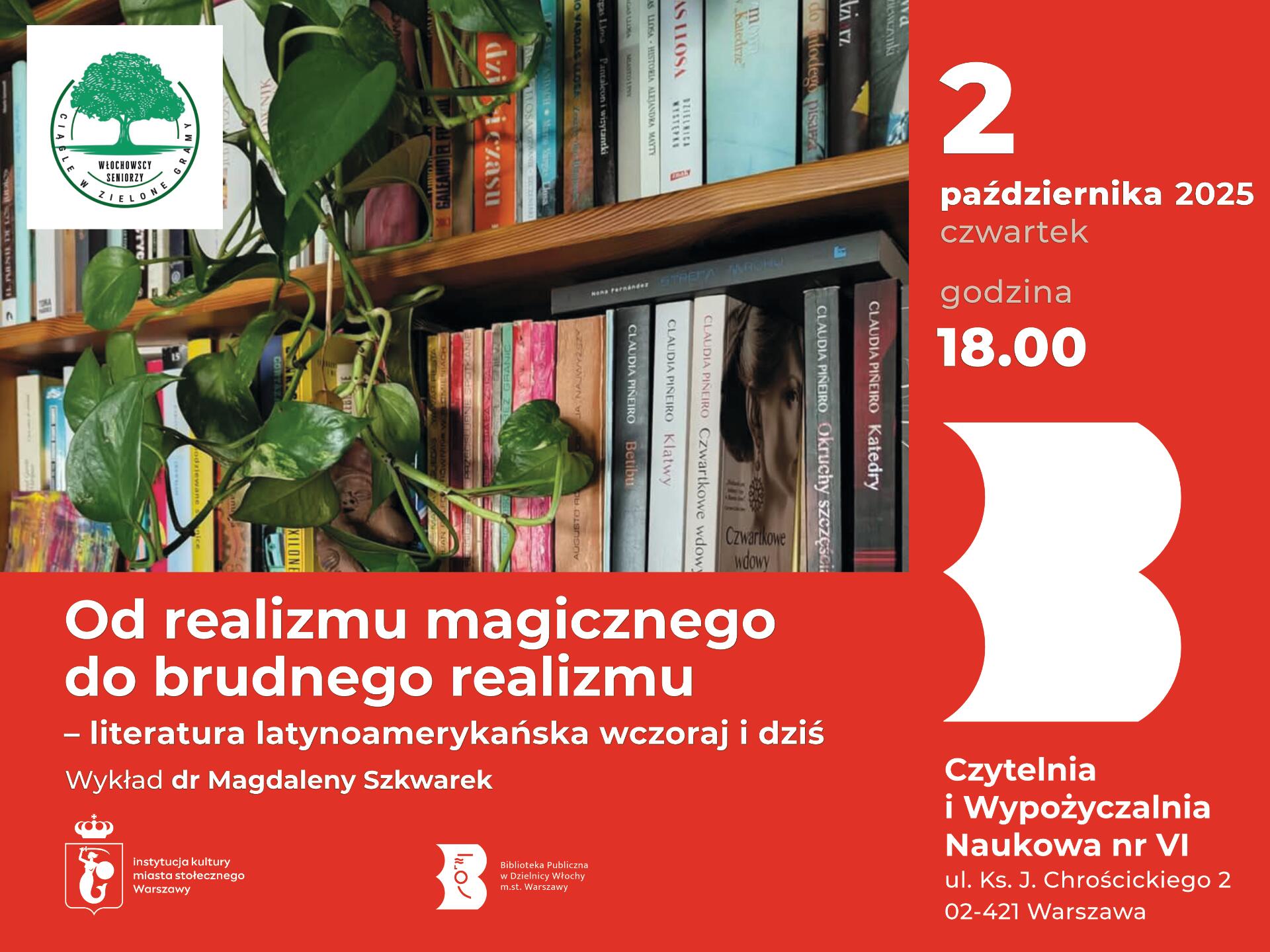 Czerwona grafika ze zdjęciem biblioteczki latynoamerykańskiej