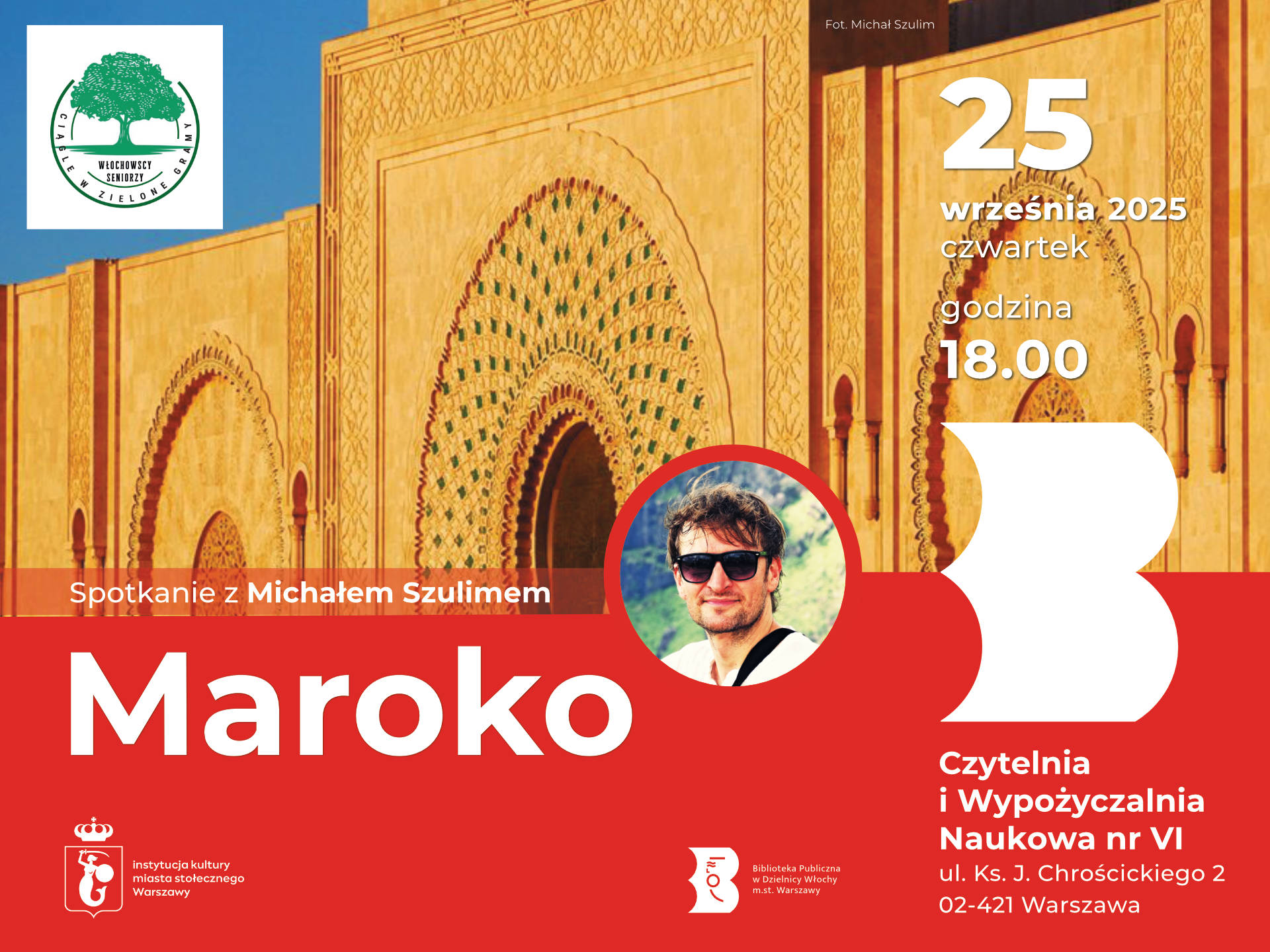 Żółto-czerwona grafika ze zdjęciem Michała Szulima