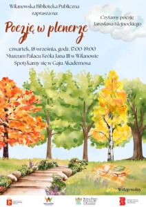 Park z zielonymi i jesiennymi drzewami. Dróżka, na trawie koc z książkami. Informacja o kolejnym spotkaniu Poezja w plenerze.