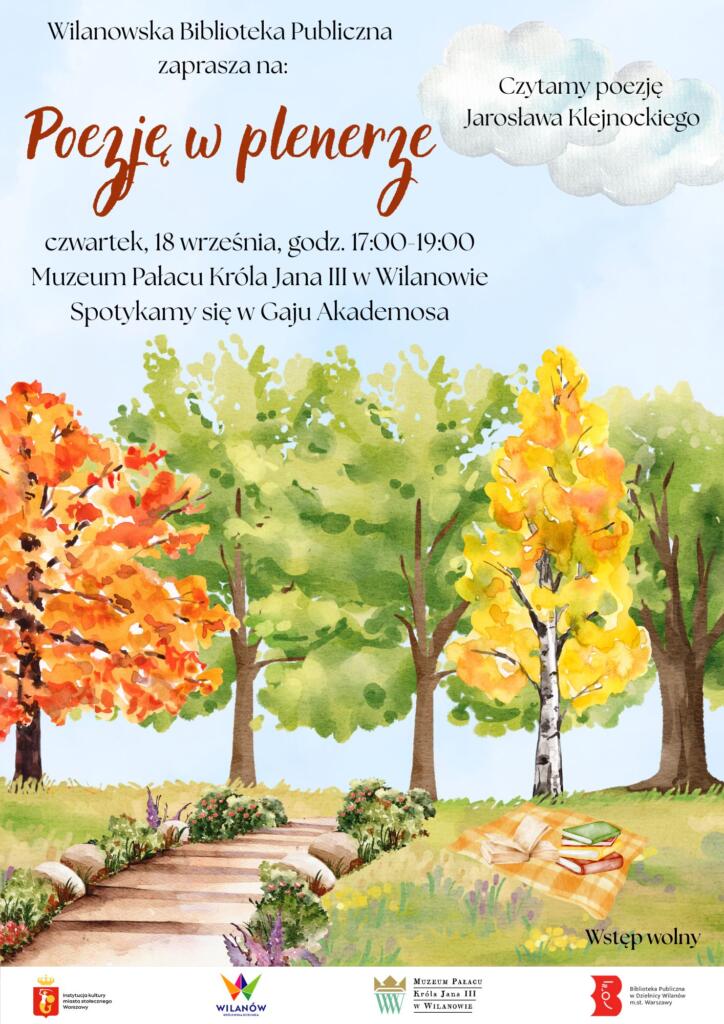 Park z zielonymi i jesiennymi drzewami. Dróżka, na trawie koc z książkami. Informacja o kolejnym spotkaniu Poezja w plenerze.