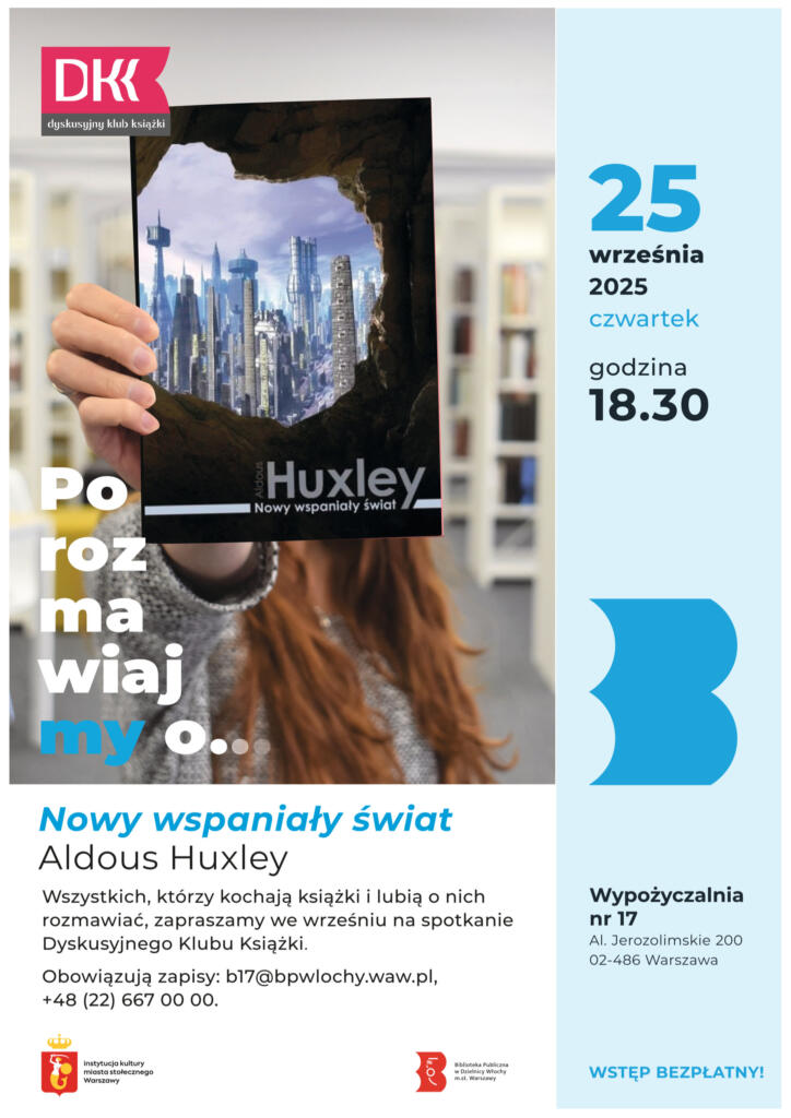 Biało-niebieski plakatu z okładką książki Aldousa Huxleya „Nowy wspaniały świat”