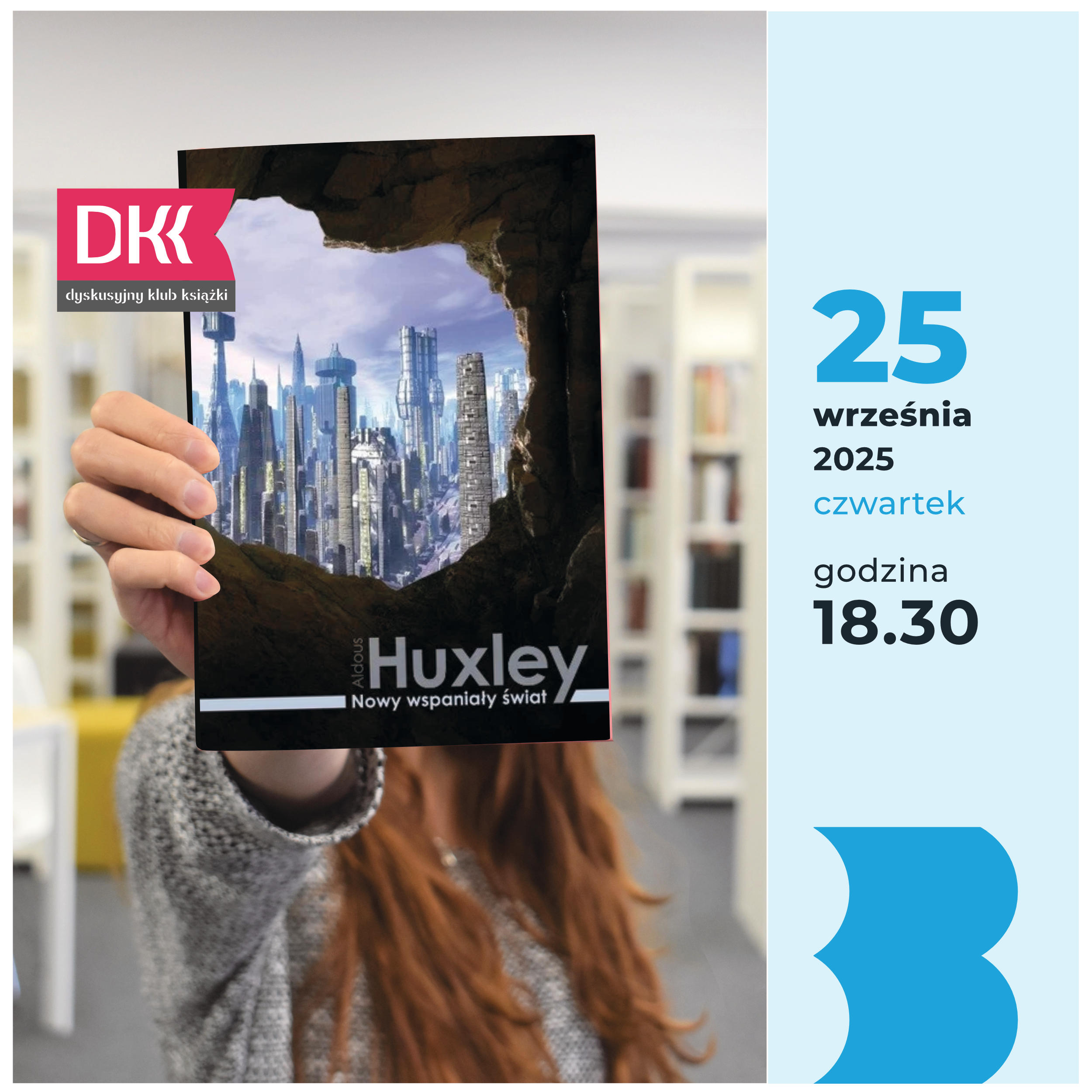 Fragment plakatu z okładką książki Aldousa Huxleya „Nowy wspaniały świat”