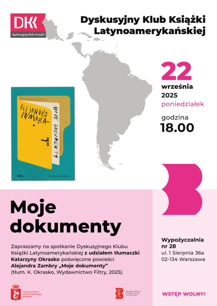 Biało-różowy plakat z okładką książki Alejandra Zambry "Moje dokumenty"