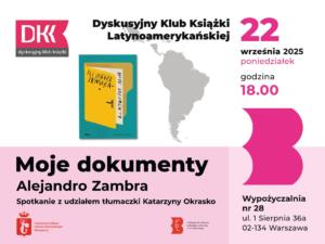 Grafika biało-różowa z okładką książki Alejandra Zambry "Moje dokumenty"