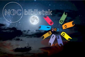 Nocne niebo z Księżycem i książki z literami na grzbietach tworzące tekst: do dzieła.