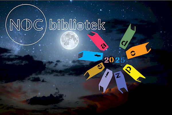 Nocne niebo z Księżycem i książki z literami na grzbietach tworzące tekst: do dzieła.