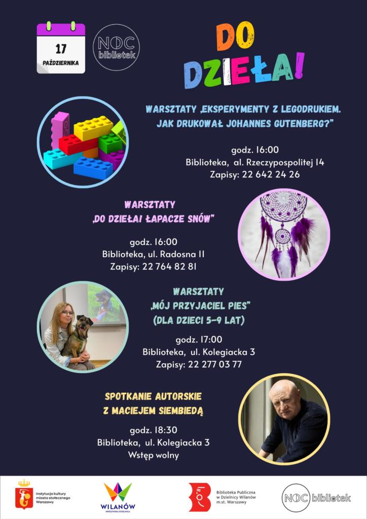 Granatowe tło, grafika klocków lego, łapacza snów. Zdjęcie Marty Maj i Macieja Siembiedy. Informacja o wydarzeniach 11 Nocy Bibliotek w Wilanowie. 