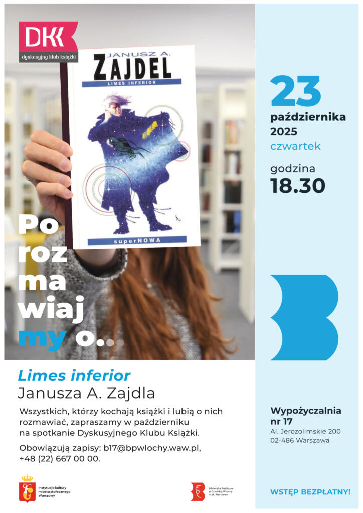 Biało-niebieski plakat z okładką książki Janusza A. Zajdla „Limes inferior”