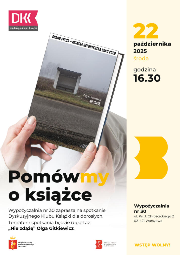 Biało-żółty plakat z okładką książki „Nie zdążę” Olgi Gitkiewicz