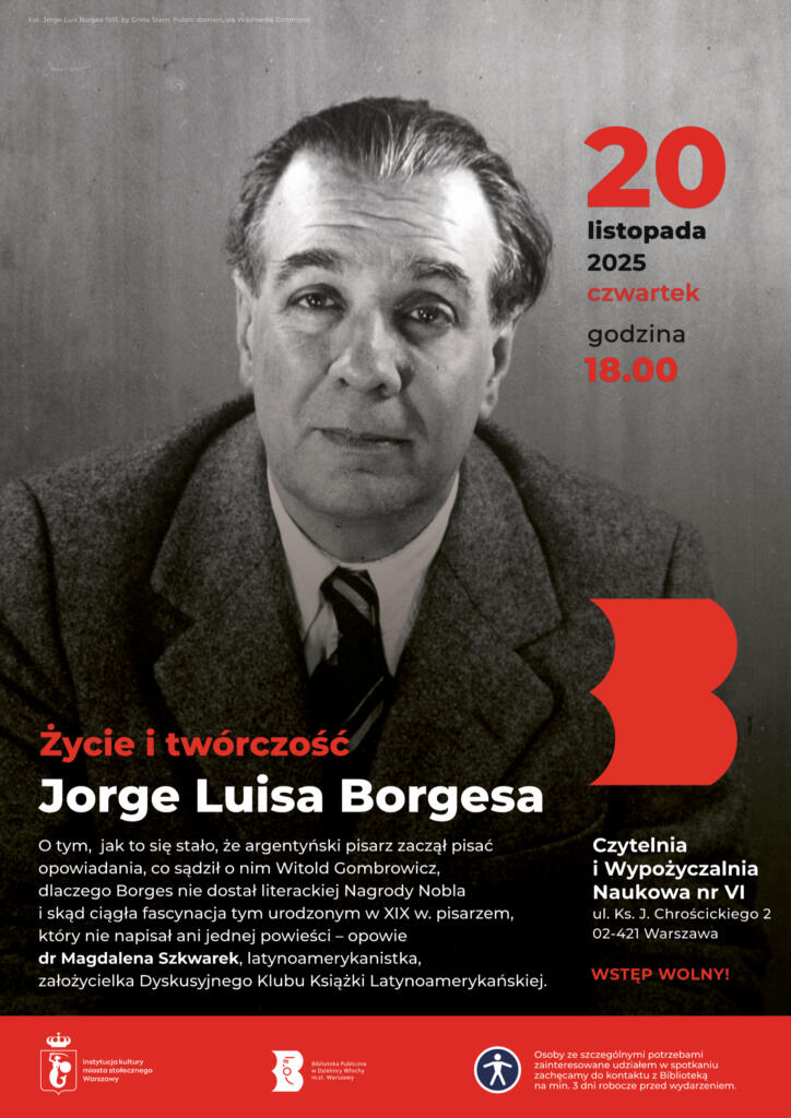 Plakat z fot. Jorge Luisa Borgesa 1951, by Grete Stern, Public domain, via Wikimedia Commons