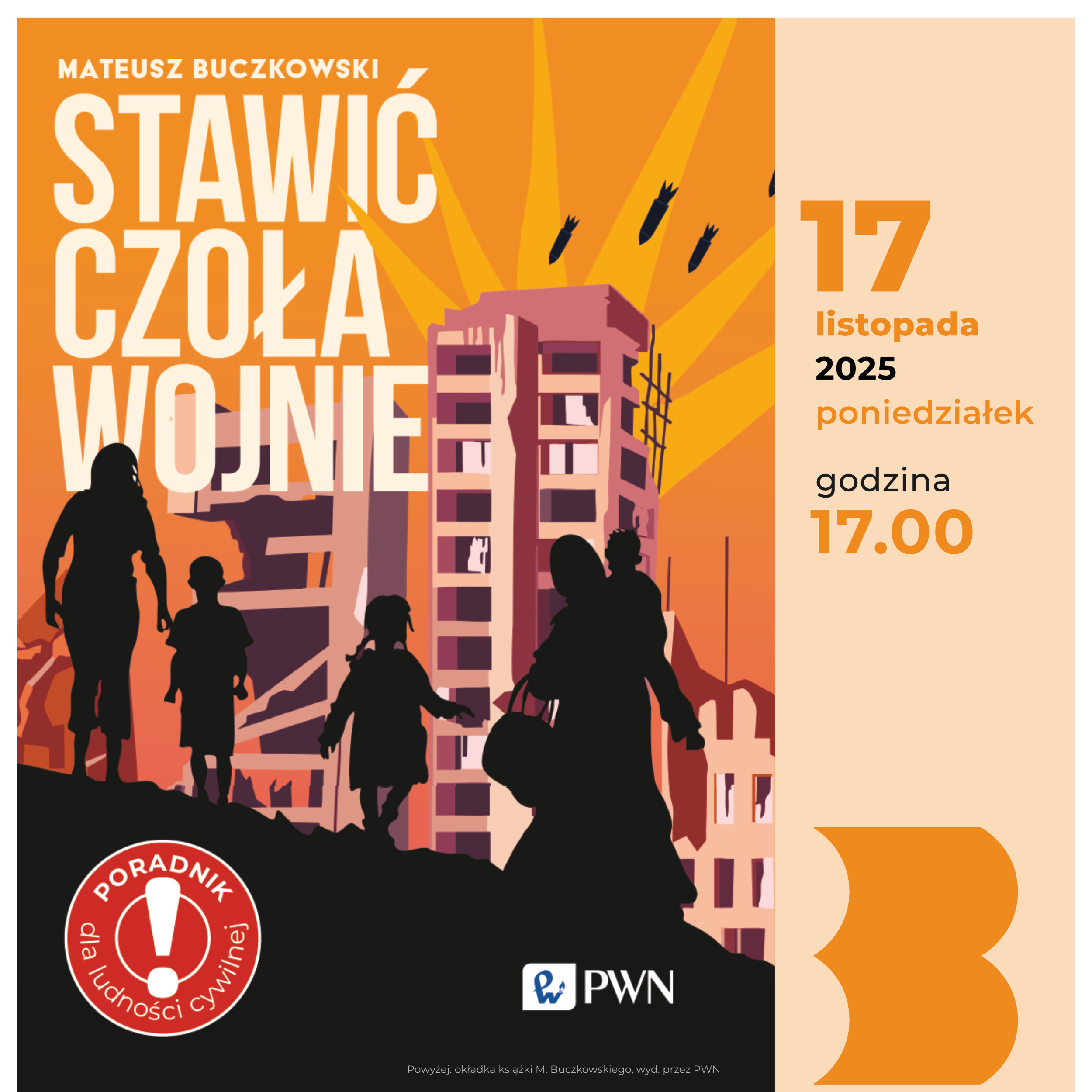 Fragment plakatu z okładką poradnika M. Buczkowskiego pt. "Stawić czoła wojnie" wyd. przez PWN